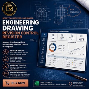 Excel-instrumentpanel för ritningsrevision | Register över kontroll av tekniska dokument | DCN-spårare | Tillverkningsmall