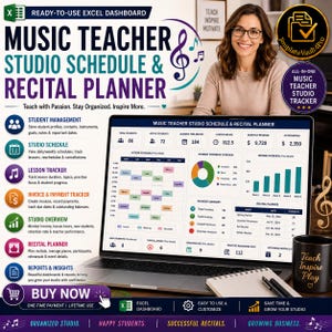 May include: A laptop screen shows a music teacher studio schedule and recital planner with charts and data. The image includes a woman wearing glasses and a black mug with the words "Teach Inspire Play". The planner helps with student management, lessons, and finances. The laptop is open.