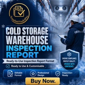 Può includere: Un modello digitale per un rapporto di ispezione di un magazzino frigorifero con uno schema di colori blu e oro. La grafica include il testo TemplateVault4Pro, Cold Storage Warehouse Inspection Report e Ensure Compliance. Protect Quality. Operate With Confidence.