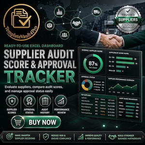 Könnte beinhalten: Eine digitale Excel-Dashboard-Vorlage mit dem Titel Supplier Audit Score & Approval Tracker. Die Benutzeroberfläche zeigt Datenvisualisierungen, darunter ein Kreisdiagramm mit 87 %, Balkendiagramme für Lieferantenbewertungen und eine Tabelle.