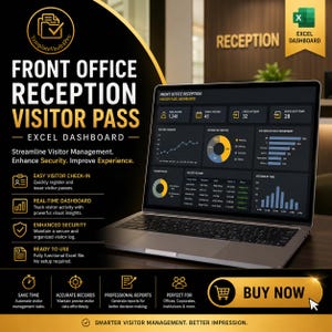 May include: A laptop displaying a Front Office Reception Visitor Pass Excel dashboard with data charts, visitor logs, and status indicators. The screen shows visitor metrics, check-in details, and host information in a dark-themed interface.