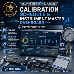 May include: A digital Excel dashboard for calibration schedules and instrument management. The interface displays data charts, status indicators, and lists. Includes a physical digital caliper, a micrometer, and a pressure gauge with a calibration tag.