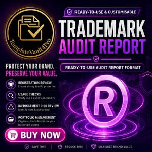 May include: A digital graphic for a Trademark Audit Report featuring a glowing purple registered trademark symbol, bold white text, and a gold circular logo for TemplateVault4Pro. The layout includes bullet points for registration review, usage checks, infringement risk review, and portfolio management, with a prominent pink Buy Now button.
