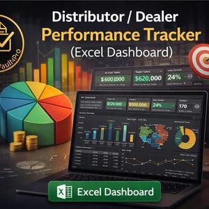 May include: A laptop displaying a business performance dashboard with charts and graphs. The image includes a pie chart, bar graphs, and a target with an arrow. Text on the screen reads "Distributor / Dealer Performance Tracker (Excel Dashboard)".