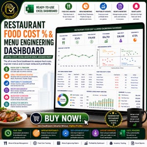 Peut inclure: Un écran d'ordinateur portable affiche un tableau de bord de la gestion des coûts alimentaires et de l'ingénierie des menus pour un restaurant. Le tableau de bord comprend des graphiques et des visualisations de données. Le texte "ACHETER MAINTENANT !" est affiché.