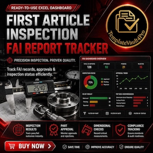May include: A digital Excel dashboard for First Article Inspection and FAI report tracking. The interface displays inspection status, approval trends, and non-conformance charts. Includes a digital caliper showing 25.40 mm and technical drawings.