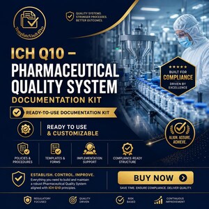 May include: A digital documentation kit for an ICH Q10 pharmaceutical quality system. The graphic features gold text on a dark blue background, including the title, icons for policies, templates, and support, and a button labeled BUY NOW.