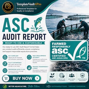 May include: A teal and white graphic promoting an ASC Audit Report. The image includes text such as "Ready-to-Use & Customisable" and "Farmed Responsibly ASC Certified". The image also features a fish leaping out of the water and two people working in a fish farm.