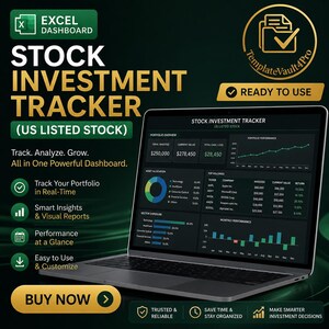 May include: A laptop displays a stock investment tracker dashboard. The screen shows portfolio overview, asset allocation, and performance charts. Text includes "Stock Investment Tracker" and "Buy Now". The background is dark green with gold accents.
