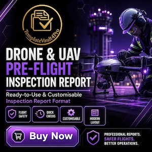 Op de afbeelding: Een digitaal sjabloon voor een Drone & UAV Pre-Flight Inspectierapport. De afbeelding toont een drone, een technicus met een helm en tekst waaronder "TemplateVault4Pro", "Ready-to-Use & Customisable", "Flight Safety", "Quick Checks" en "Buy Now".