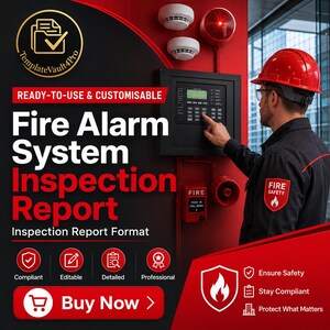 May include: A digital fire alarm system inspection report template featuring text that reads Ready-to-Use & Customisable, Fire Alarm System Inspection Report, and Buy Now. A person in a red hard hat interacts with a wall-mounted fire alarm control panel.