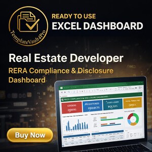 May include: A laptop screen displays an Excel dashboard with charts and data, labeled "Real Estate Developer." The image includes the text "READY TO USE EXCEL DASHBOARD" and a "Buy Now" button. The dashboard focuses on RERA Compliance & Disclosure.