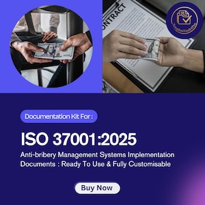 Op de afbeelding: Afbeelding met handen die geld uitwisselen, met een document op de achtergrond. De tekst luidt "Documentation Kit For: ISO 37001:2025 Anti-bribery Management Systems Implementation Documents: Ready To Use & Fully Customisable". Een "Buy Now"-knop is ook zichtbaar.