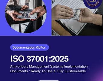 May include: Image featuring two scenes of hands exchanging money, with a document in the background. The text reads "Documentation Kit For: ISO 37001:2025 Anti-bribery Management Systems Implementation Documents: Ready To Use & Fully Customisable". A "Buy Now" button is also visible.