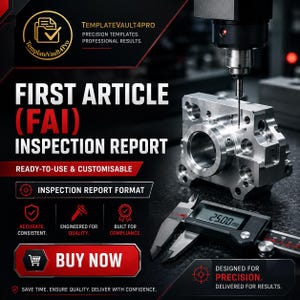 Puede incluir: Un gráfico digital para una plantilla de informe de inspección de primer artículo. Muestra una pieza metálica mecanizada bajo una sonda CNC y un calibrador digital que muestra 25,00 mm. Texto: TemplateVault4Pro, First Article (FAI) Inspection Report.