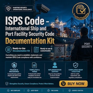 Puede incluir: Un kit de documentación del Código ISPS para la seguridad de buques e instalaciones portuarias con un guardia de seguridad en un puerto. Incluye políticas, procedimientos, plantillas, formularios, soporte de implementación y estructura de cumplimiento.