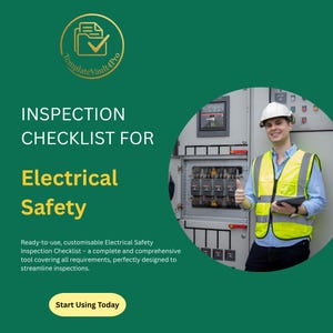 Op de afbeelding: Een groene afbeelding met de tekst "INSPECTION CHECKLIST FOR Electrical Safety". Een man met een helm en veiligheidsvest steekt zijn duim omhoog. De tekst "TemplateVault4Pro" staat in de linkerbovenhoek. De onderkant van de afbeelding heeft een knop met "Start Using Today".