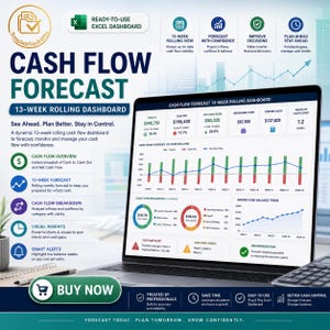 May include: A laptop displays a cash flow forecast dashboard with charts and data visualizations. The screen shows financial metrics, including cash in, cash out, and net cash flow. The text reads "Cash Flow Forecast" and "Buy Now".