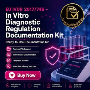 May include: A digital graphic for an EU IVDR 2017/746 In Vitro Diagnostic Regulation Documentation Kit. It features test tubes with red liquid, a diagnostic device showing a positive result, and text listing technical file support and compliance.