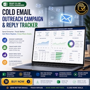 以下が含まれることがあります： ラップトップには、「Cold Email Outreach Campaign & Reply Tracker」のダッシュボードが表示されています。画面には、データ視覚化、グラフ、図が表示されています。「Send Smarter. Track Better. Get More Replies. Close More Deals.」というテキストも表示されています。