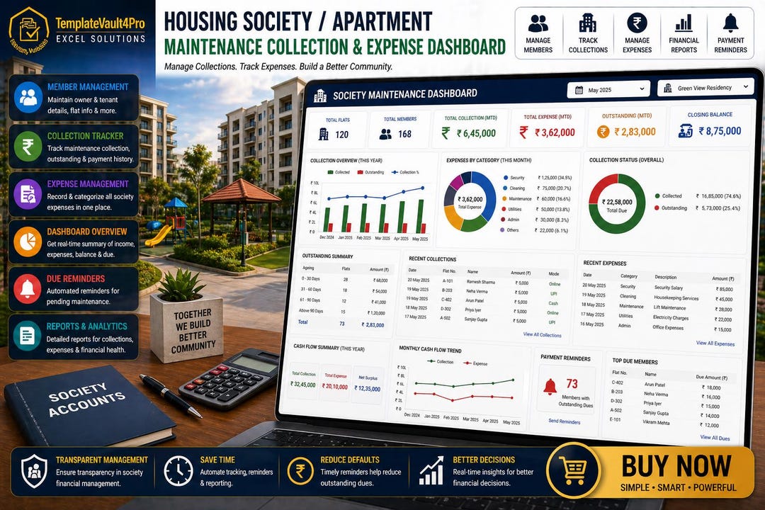 Housing Society Maintenance Excel Dashboard | Apartment Dues Collection ...