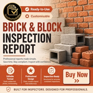 May include: A digital template for a Brick & Block Inspection Report featuring text that reads Ready-to-Use, Customisable, Professional reports made simple, Save time, Stay compliant, Inspect with confidence, Editable Format, Professional Design, Inspection-Ready, Buy Now, and BUILT FOR INSPECTORS. DESIGNED FOR PROFESSIONALS.