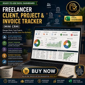 Op de afbeelding: Een laptop toont een dashboard "Freelancer Client, Project & Invoice Tracker". Het scherm toont grafieken en gegevens over klanten, projecten, facturen en betalingen. De afbeelding bevat de tekst "Buy Now" en pictogrammen voor verschillende functies.