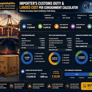 May include: A digital graphic displaying an importer's customs duty and landed cost calculator. The interface includes data on value, duty, tax, and cost breakdowns, with a container ship and cargo boxes in the background. The text reads "BUY NOW".