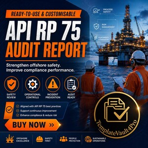 May include: A digital marketing graphic for an API RP 75 Audit Report featuring two workers in orange coveralls and white hard hats looking at an offshore oil rig. The text includes Ready-to-Use & Customisable, API RP 75 Audit Report, and Buy Now.