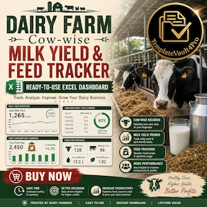Dairy Farm Excel Dashboard | Cow Milk Yield Feed Tracker (Digital Download)