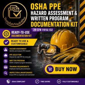 Könnte beinhalten: OSHA PPE Hazard Assessment & Written Program Documentation Kit 29 CFR 1910.132. Enthält einen gelben Schutzhelm, eine klare Schutzbrille und Arbeitshandschuhe. Mit Text zu gebrauchsfertiger Dokumentation, Gefahrenbewertung und Schulung.