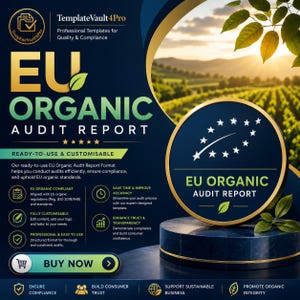 May include: A promotional graphic for an EU Organic Audit Report. The design features the text "EU ORGANIC AUDIT REPORT" in large, bold letters, with supporting text and icons. The background includes a scenic view of a vineyard and a dark blue pedestal.