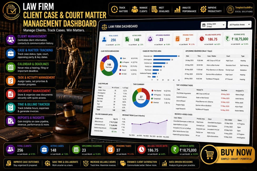 Law Firm Case Management Excel Dashboard | Court Matter Tracker