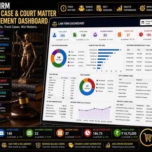 Könnte beinhalten: Ein digitales Dashboard für Anwaltskanzleien, das Mandanten- und Fallmanagementdaten anzeigt. Die Oberfläche zeigt wichtige Kennzahlen wie Gesamtanzahl der Mandanten, aktive Fälle, bevorstehende Anhörungen und Einnahmen. Ein Hammer und eine Justitia-Statue sind sichtbar.