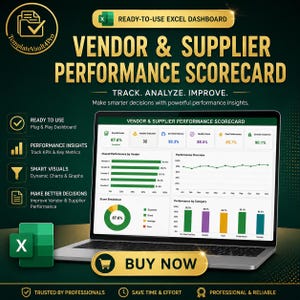 May include: A laptop displays a "Vendor & Supplier Performance Scorecard" dashboard. The screen shows charts and data visualizations with key performance indicators. The image includes the text "Ready-to-use Excel Dashboard" and "Buy Now".