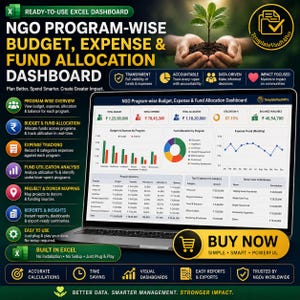 May include: A laptop screen displays an Excel dashboard for NGO program-wise budget, expense, and fund allocation. The dashboard includes charts, graphs, and financial data, with the text "BUY NOW" and a shopping cart icon.