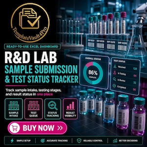 May include: A digital R&D lab sample submission and test status tracker Excel dashboard template. The graphic features test tubes, a laboratory flask, and data visualisation charts showing an 86% completion rate and test status metrics.