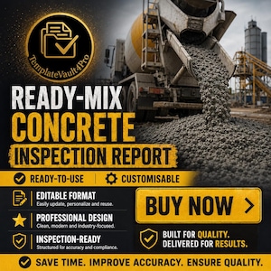 May include: A digital template for a Ready-Mix Concrete Inspection Report featuring a yellow and black color scheme. The graphic includes a concrete mixer truck pouring wet concrete, text labels, checkmarks, and a Buy Now button.