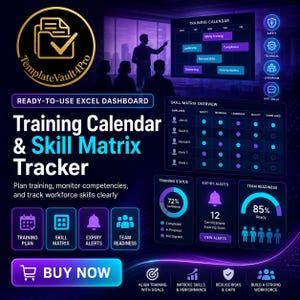 Puede incluir: Una plantilla de panel de control de Excel digital titulada Training Calendar & Skill Matrix Tracker de TemplateVault4Pro. La interfaz presenta un tema azul oscuro y morado con visualizaciones de datos, incluyendo un calendario y una matriz.