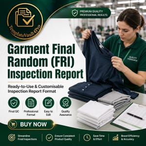 May include: A digital marketing graphic for a Garment Final Random Inspection Report template. The text reads TemplateVault4Pro, Garment Final Random (FRI) Inspection Report, Ready-to-Use & Customisable Inspection Report Format, and BUY NOW.