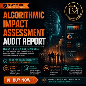 May include: An Algorithmic Impact Assessment Audit Report template featuring a digital human silhouette, a government building, and data charts. Text includes "Ready-to-use audit report format," "Fairness," "Impact Analysis," "Equity," and "Transparency."