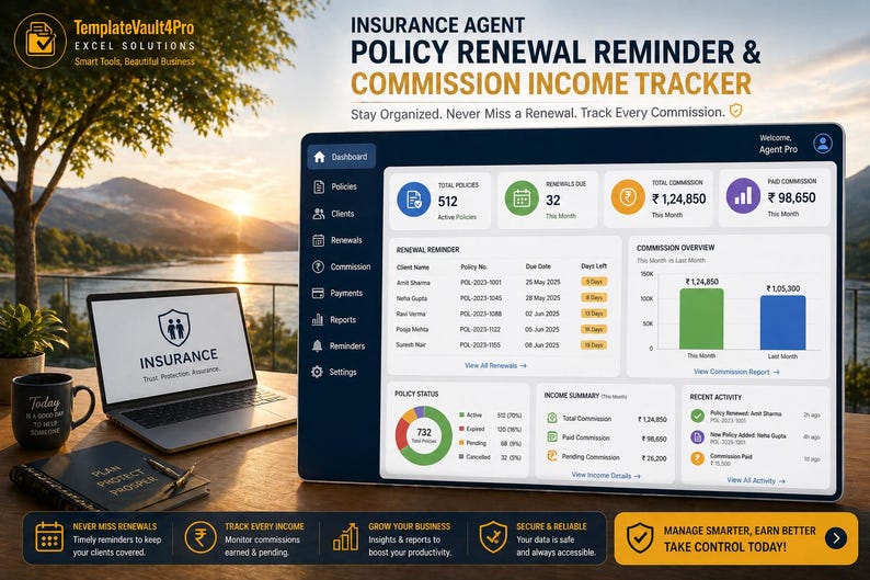 Polic Renea Insurance Renewal Excel Dashboard | Policy Renewal Reminder Tracker ...
