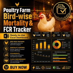 Poultry Farm Excel Dashboard | Bird Mortality FCR Feed Conversion Tracker | Broiler Layer Log | Farm Template