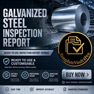 May include: A digital template for a Galvanized Steel Inspection Report featuring bold white text on a dark background. The graphic includes a gold circular logo with a document icon, a Buy Now button, and icons representing editable formats.