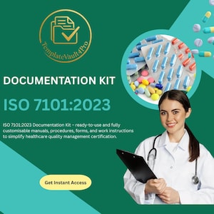Op de afbeelding: Een teal en groene afbeelding die een documentatiekit voor ISO 7101:2023 promoot. De afbeelding bevat pillen, een vrouw in een labjas en de tekst "DOCUMENTATION KIT" en "Get Instant Access".