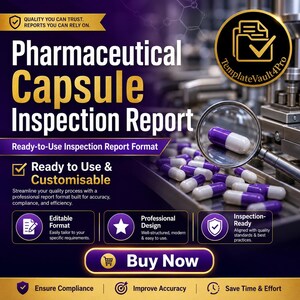 Pode incluir: Um gráfico digital para um relatório de inspeção de cápsulas farmacêuticas. O design roxo e dourado apresenta uma lupa sobre cápsulas roxas e brancas, com texto incluindo 'Quality You Can Trust', 'Ready to Use & Customisable' e 'Buy Now'.
