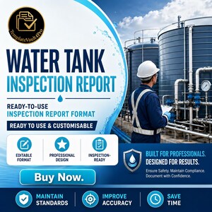 Può includere: Un modello digitale per un rapporto di ispezione del serbatoio dell'acqua con il testo Water Tank Inspection Report, Ready-to-Use Inspection Report Format e Ready to Use & Customisable. Include icone per formato modificabile, design professionale e prontezza all'ispezione.