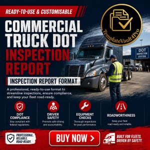 May include: A digital commercial truck DOT inspection report template featuring a dark gray semi-truck, a person in a high-visibility vest, and icons for DOT compliance, driver safety, equipment checks, and roadworthiness with the text TemplateVault4Pro.