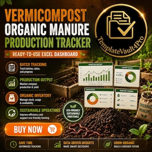 Könnte beinhalten: Eine digitale Excel-Dashboard-Vorlage zur Verfolgung der Produktion von organischem Wurmkompost-Dünger. Die Grafik enthält Text, Datendiagramme und Symbole für Chargenverfolgung, Produktionsleistung und Bestandsverwaltung.