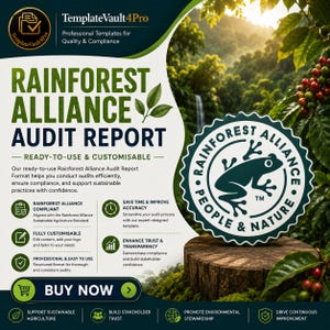 May include: A promotional graphic for a Rainforest Alliance Audit Report. The design features the Rainforest Alliance logo, a green frog, and text highlighting the report's features, including compliance, customization, and ease of use. The background shows a lush green forest.